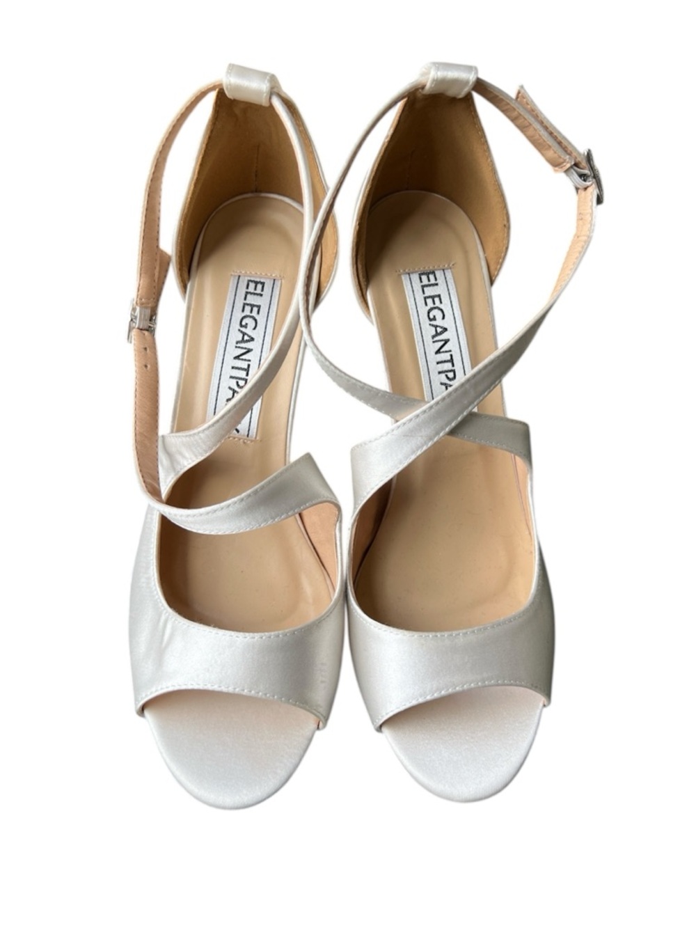 ELEGANTPARK Ivory Satin Peep Toe Heel Bride Prom Formal Silver Jeweled Buckle 8